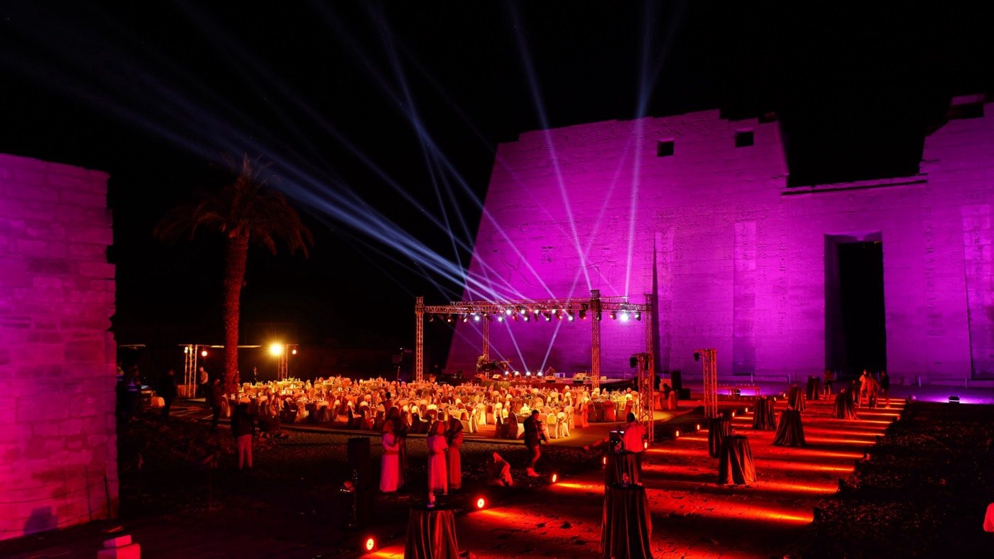 Outdoor gala dinner staged at Medinet Habu temple, Luxor